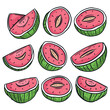 Handdrawn watermelon slices vibrant juicy fruit collection. Cartoon watermelons, juicy pink flesh seeds rind, summer refreshment. Watermelon set, hand drawn, doodle style, pink delicious