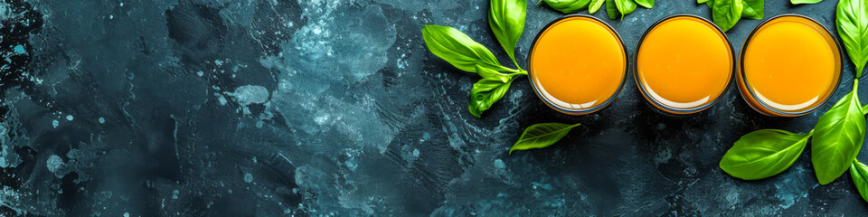 Wall Mural - Three glasses of orange juice are on a table with green leaves