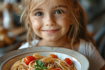 Sticker - A lovely caucasian girl enjoys a nutritious lunch of spaghetti and tomatoes, fostering health.