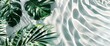 Tropical palm leaves on white background with water ripples, top view.
