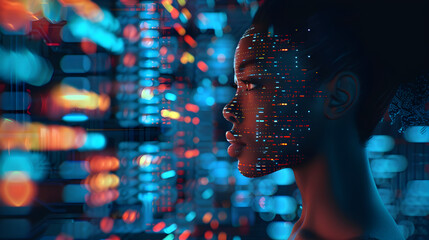 AI cyber security threat illustration, black african american female IT specialist analysing data information technology, augmented reality artificial intelligence collage, side profile, copy space