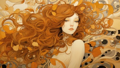 Wall Mural - Gilded Elegance: Woman's Golden Hair Cascades Amidst a Whirl of Petals, Evoking Beauty and Fantasy