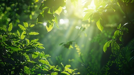 Wall Mural - Fresh green leaves in the forest with sunbeams and lens flare