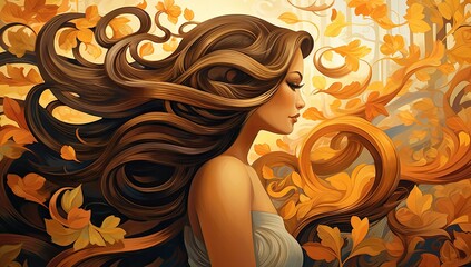 Wall Mural - A woman with long brown hair is shown in a painting with leaves blowing in the wind. The painting has a warm, autumnal mood and is full of vibrant colors