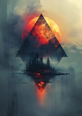 Wall Mural - A painting of a mountain with a red moon and a triangle in the middle