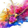 Delicate watercolor illustration of a birthstone pendant necklace, a perfect Mother's Day gift. Vibrant contrasting colors dance across the canvas in broad strokes.