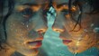 two women, submerged water, face serious expressions, faces close together, background blurry bubbles floating around