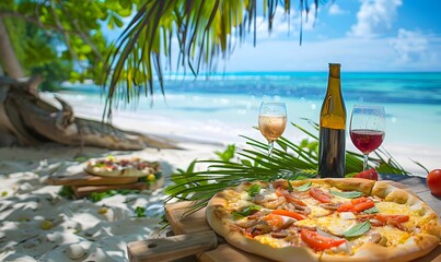 Beach picnic with fresh pizza in tropical paradise, Generative AI