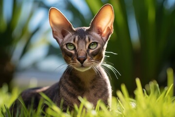 Wall Mural - Lifestyle portrait photography of a happy oriental shorthair cat corner rubbing over lush green lawn