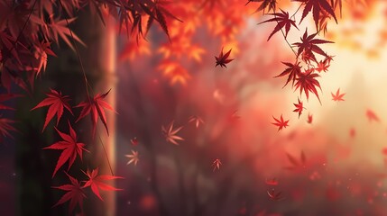 Wall Mural - Autumn leaves gently falling in a serene sunlit forest