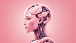 Head of a female robot as a symbol of artificial intelligence. Cyborg, android, futuristic woman. Concept of futurism, digital world and artificial intelligence.