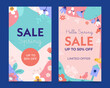 Hand drawn flat spring sale vertical banner template collection with colorful blooming flowers