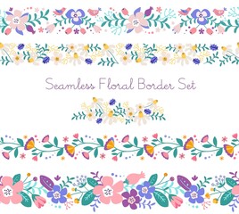 Wall Mural - Hand drawn flat spring seamless borders set with colorful flowers