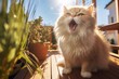 Medium shot portrait photography of a funny persian cat tail wagging while standing against sunny balcony