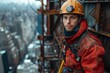 A male construction worker in safety gear stands on a high-rise building scaffolding, overlooking a cityscape with a thoughtful expression