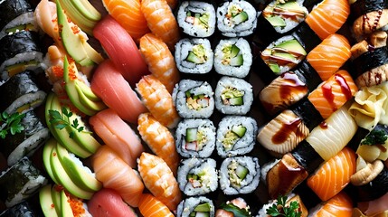 a colorful array of assorted sushi and sashimi