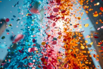 Wall Mural - a mesmerizing close-up picture of scattered confetti pieces flying through the air against a clear b