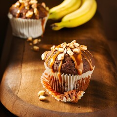 Wall Mural - baked chocolate banana muffin on a brown wooden board