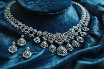 diamond necklace and earrings set on a blue velvet fabric