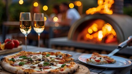 Friends cook pizza in a wood burning oven in the backyard at a party with wine, front view, blurred background.