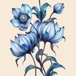 Blue flowers branch on beige background. Beautiful bouquet of flowers, detailed botanical illustration.