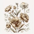 Beige flowers branch on white background. Beautiful bouquet of flowers, detailed botanical illustration.