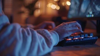 An up-close shot of man using computer using one hand to type on a keyboard and another using a mouse in a cozy living room in the background.