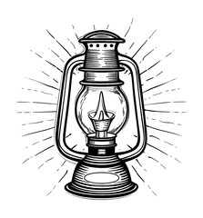 Wall Mural - retro oil lamp engraving black and white outline