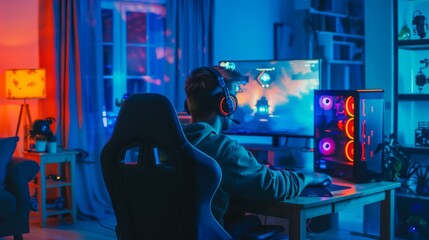 Wall Mural - Cozy evening in front of the computer playing online video games with headphones. =Room and computer have neon lights.