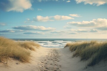 Poster - Peaceful path through sand dunes leads to a tranquil beach under a sunset sky