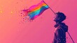A young man on the background of a colorful pride flag on a pink background.