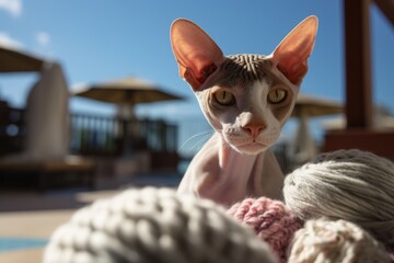 Canvas Print - Environmental portrait photography of a happy cornish rex cat playing with ball of wool while standing against sunny balcony