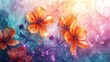 Watercolor drawing of orange summer flowers on a blue abstract background.