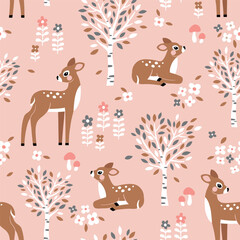 Wall Mural - Seamless vector pattern with cute hand drawn fawn, birch trees, mushrooms and flowers. Perfect for textile, wallpaper or nursery print design.