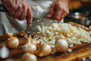 Wall Mural - A detailed shot capturing the hands of a person meticulously chopping onions on a wooden cutting board