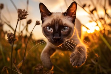 Wall Mural - Medium shot portrait photography of a curious siamese cat pouncing in captivating sunset