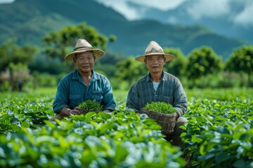 Wall Mural - Two senior male farmers are holding fresh tea leaves with a mountainous backdrop, showcasing agricultural work