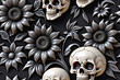 Stone Skulls and flowers. Seamless pattern. Digital illustration.