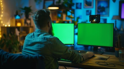 Wall Mural - In this image, you can see a creative designer sitting at his desk using a desktop computer with two mock-up screens of green color. A professional office employee working late in the evening in his