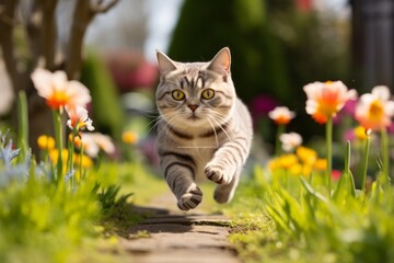 Wall Mural - Environmental portrait photography of a funny american shorthair cat sprinting isolated in blooming spring garden