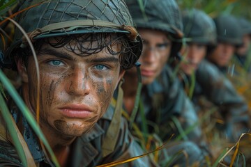 Poster - Close-up of a young soldier with an intense stare, surrounded by squad in camouflage