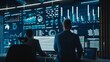 © Антон Сальников - Screens show infographics, charts, finance analysis, stock market, and growth. A telecommunications control room with working professionals watches data on a big display.