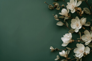 Poster - flowers and flat lay on a green blue background.