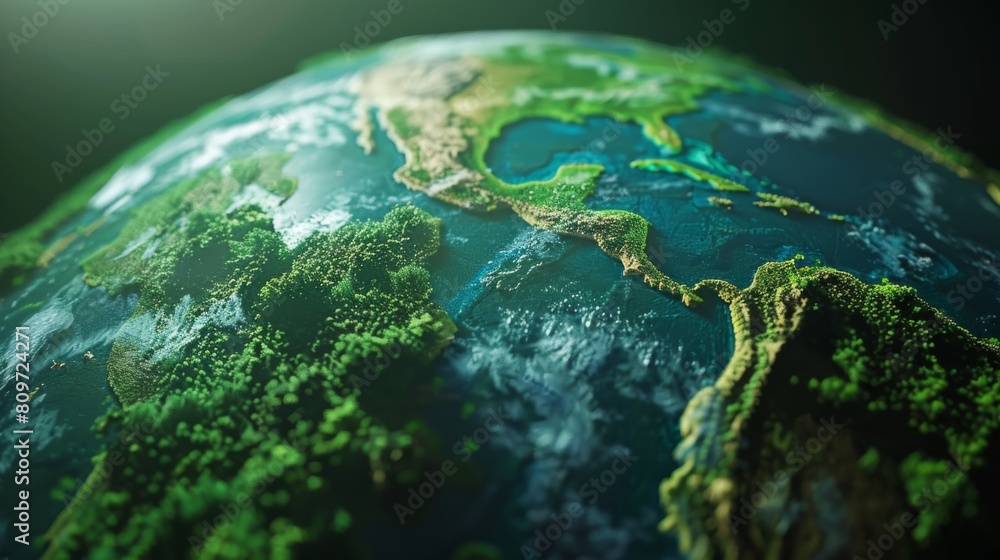 3D rendering of Earth focusing on dense green jungles and areas ...