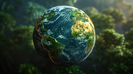 Wall Mural - 3D rendering of Earth focusing on dense green jungles and areas impacted by climate change, on a black studio background for dramatic effect.