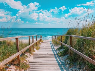 Wall Mural - Wooden bridge on the beach, beautiful landscape and sky