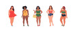 Set of plus size different fashion women in bikini isolated. Body positive movement and beauty diversity.Vector cartoon flat style illustration