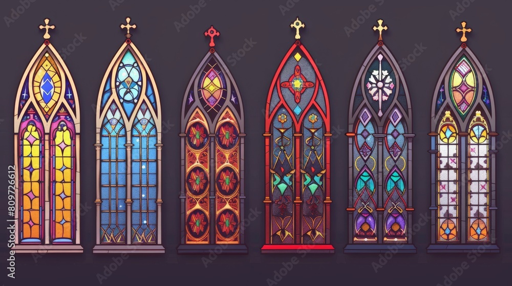 Gothic line art stained glass windows flat item set. Gothic windows. Vintage frames. Church stained-glass windows
