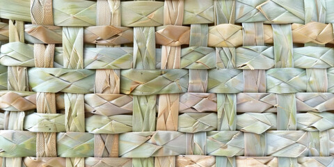 Wall Mural - Handwoven bamboo pattern, light green and beige a handmade rattan wall texture,Rattan texture, handcraft bamboo weaving texture background, banner