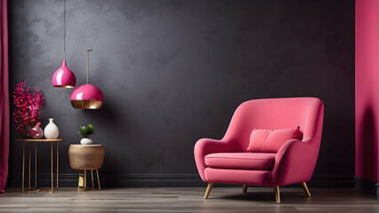 Chic home decor featuring a vivid pink armchair, unique pendant lights, and bold colored wall with side table